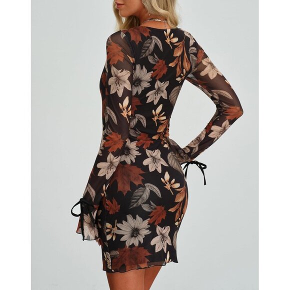 Women's Brown Floral Mesh Long Sleeve Party Cocktail Body-con Mini Dress - Picture 2 of 6
